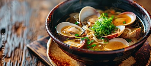 Japanese shijimi clam miso soup. Copy space image. Place for adding text