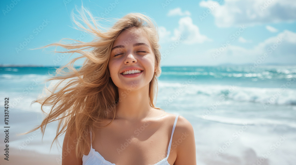 Linda mulher loira sorrindo na praia em um dia ensolarado - Banner