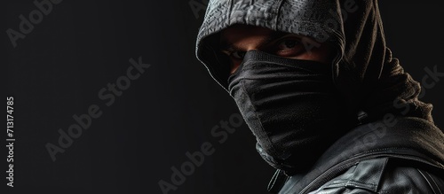 Criminal businessman wearing balaclava in office. Copy space image. Place for adding text