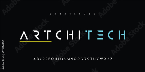 Bold futuristic font alphabet letters. Modern typography. Minimal architecture typographic design. Future letter set for architect logo, space style headline, monogram type. Isolated vector typeset. photo