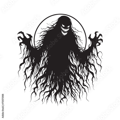 Enigmatic Echoes: Horror Silhouette - Ghost Vector Echoing in the Wake of the Ghost Silhouette's Ethereal Journey - Ghost Illustration - Spirit Vector
