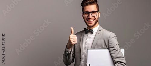 school teacher or university tutor happy man hold folder showing ok gesture. Copy space image. Place for adding text