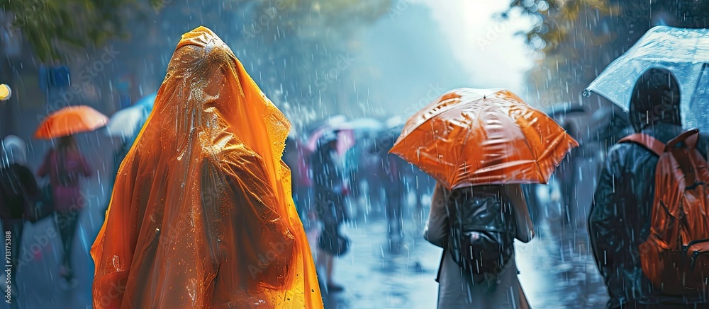 Obraz premium Raining day in city at summer Group of young people walking and hiding under orange colored cover Texture of strong fresh and powerful water drops and sprays Tropical storm Backs rear view