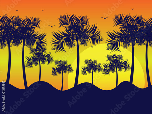 Tropical island landscape vector with palm trees in orange sunset photo