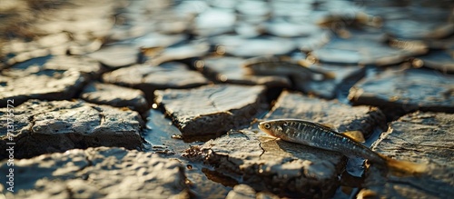 A dried up lagoon lake and a lot of dead small fish summer drought water pollution additionally Sand smelt Atherina boyeri. Copy space image. Place for adding text photo