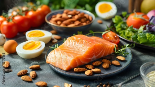 Salmon fillet, almonds walnuts, cooked organic eggs, tomatoes and green salad in the bowls and plates on the kitchen table. Top view photography. Healthy balanced breakfast or lunch meal