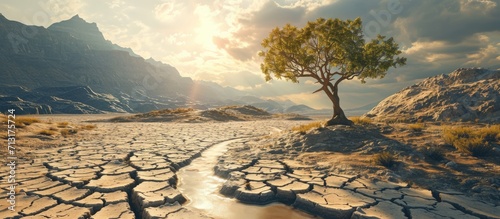 Dry cracked land and drying river and Green abundance of crop plant and trees metaphoric World climate change and Ecological collapse. Copy space image. Place for adding text photo