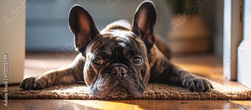 french bulldog dog waiting and begging to go for a walk with owner sitting or lying on doormat. Copy space image. Place for adding text photo