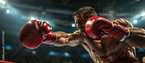 Boxer in a boxe competition beats his opponent. Copy space image. Place for adding text © Ilgun