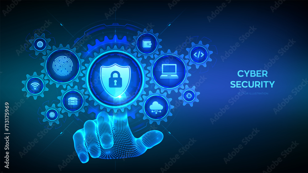Cyber security. Cyber data protection. Security shield with Lock with keyhole icon. Information privacy. Wireframe hand touching digital interface with connected gears cogs, icons. Vector illustration Cyber security. Cyber data protection. Security shield with Lock with keyhole icon. Information privacy. Wireframe hand touching digital interface with connected gears cogs, icons. Vector illustration