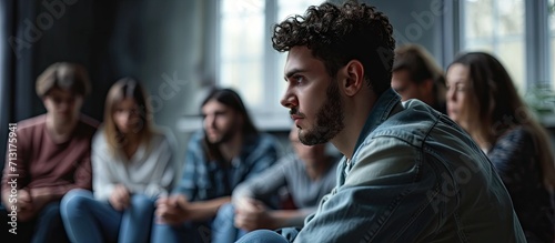 Close up of a devastated young man holding his head in his hands and friends supporting him during group therapy. Copy space image. Place for adding text photo