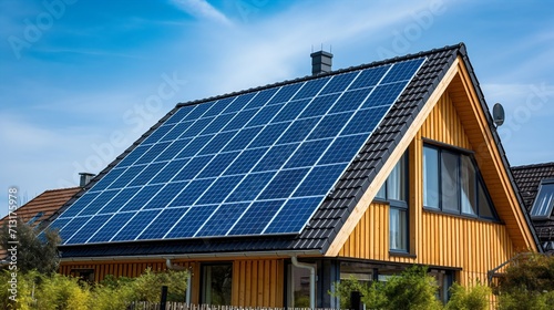 Wooden house or home with the rooftop full of blue solar panels. Alternative and renewable energy source roof tile, clear sunny sky daytime. Eco friendly photovoltaic electricity and power generator