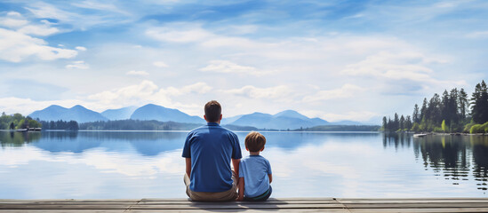 Back view of father and two children sitting together on jetty, Enjoying the mountain view from a wooden pier. Family bonding concept