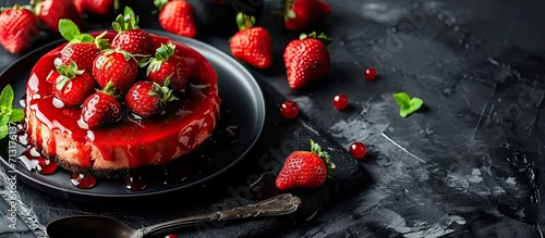 Cheesecake with fresh strawberries and strawberry syrup on black plate. Copy space image. Place for adding text