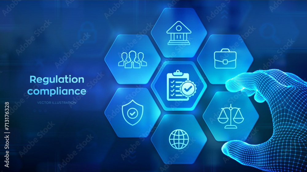 Fototapeta premium Regulation Compliance financial control technology concept. Compliance rules. Law regulation policy. Wireframe hand places an element into a composition visualizing Reg Tech. Vector illustration.
