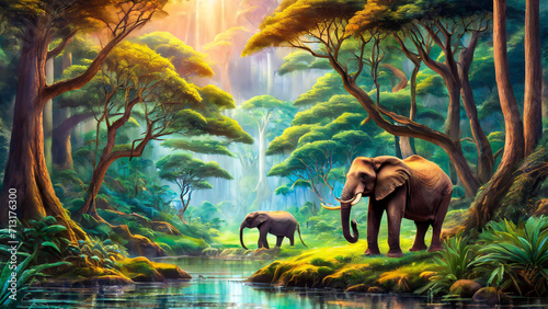 Linda floresta colorida com elefantes e uma luz dourada