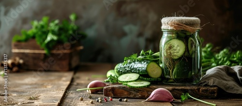 Pickled cucumbers with horseradish and garlic in a large glass jar a traditional Polish dish. Copy space image. Place for adding text photo