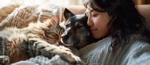 Middle aged woman enjoys spending time at home with her pets Dog licks owner s cheek with his tongue cat sitting on couch. Copy space image. Place for adding text