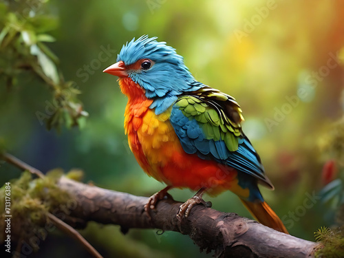 colorful bird sits on a branch with a person's hand.