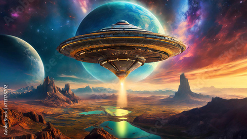 Disco voador OVNI no céu, pousando em um planeta, conceito de tecnologia avançada de ficção científica e alienígenas, arte psicodélica, cyberpunk, futurista photo