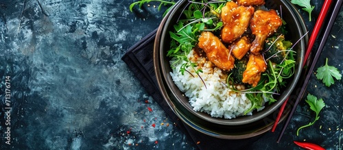 A bowl of delicious honey garlic chicken drumsticks with rice. Copy space image. Place for adding text