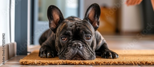 french bulldog dog waiting and begging to go for a walk with owner sitting or lying on doormat. Copy space image. Place for adding text
