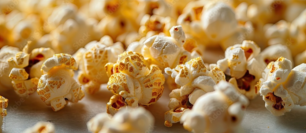 Macro popcorn isolated on white background. Copy space image. Place for adding text Macro popcorn isolated on white background. Copy space image. Place for adding text
