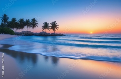 sunset on the sea  beach with waves and palms © Di_Ilikaeva