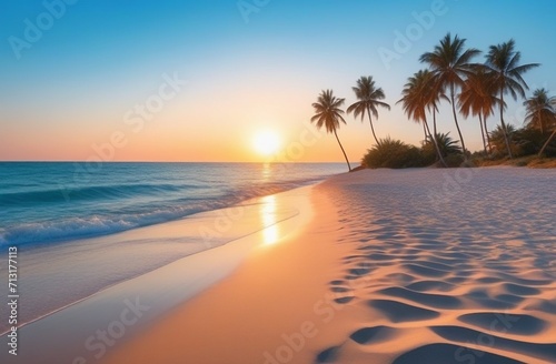 sunset on the sea beach with waves and palms
