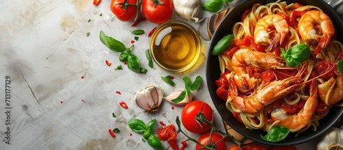 Linguine pasta with prawns in tomato and garlic sauce. Copy space image. Place for adding text