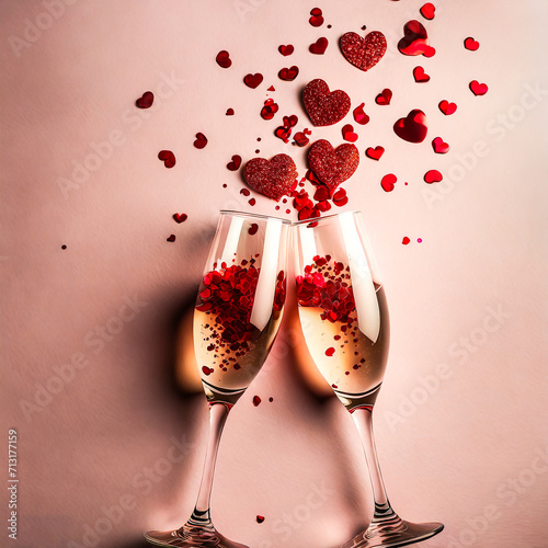 Effervescent Affection: Clinking Champagne Glasses and Heart Confetti Shower on Pink
