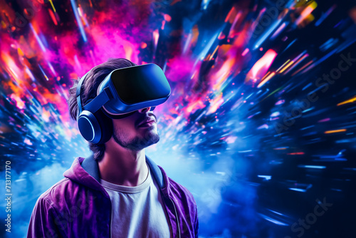 Man wearing VR headset over dark glowing background