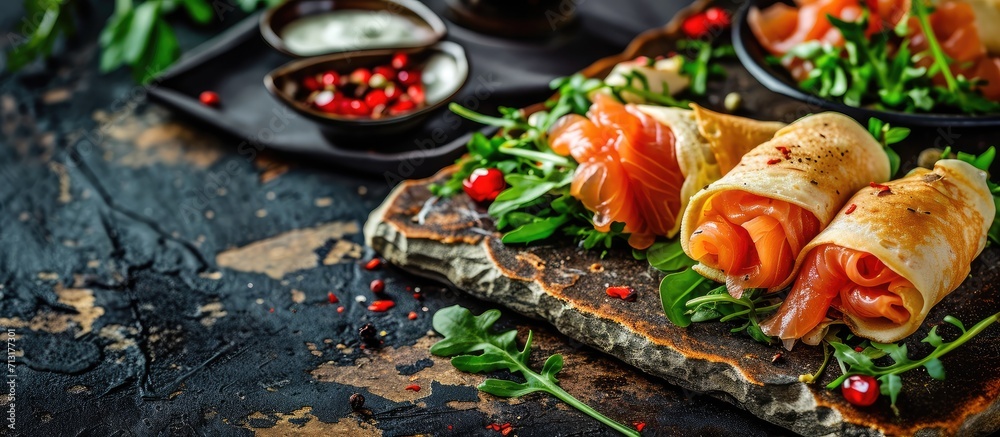 Crepes pancakes rolls with smoked salmon stuffed with wild rocket salad filling served on stone board with fresh creme. Copy space image. Place for adding text Crepes pancakes rolls with smoked salmon stuffed with wild rocket salad filling served on stone board with fresh creme. Copy space image. Place for adding text