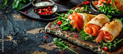 Crepes pancakes rolls with smoked salmon stuffed with wild rocket salad filling served on stone board with fresh creme. Copy space image. Place for adding text