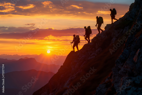 Hikers on a Ridge Overlooking Sunset