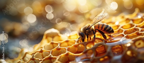 A queen bee cup with royal jelly in the wax comb of the honey bee Apis mellifera. Copy space image. Place for adding text photo