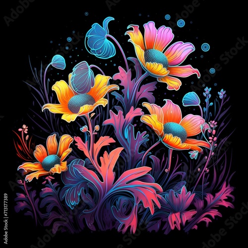 Generative AI Fieldrush Flower neon Color illustration photo