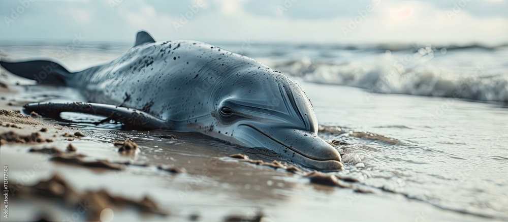 Dead dolphin fish at sandy beach pollution. Copy space image. Place for adding text