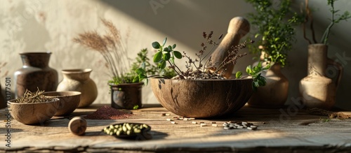 A bowl of medicine placed on a wooden podium in the center with many types of herb displayed around Chinese medicine treat a wide range of ailments to enhance health. Copy space image photo