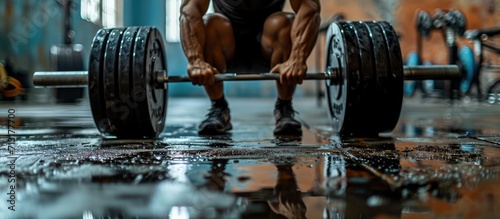 Young active strong sweaty muscular fit man with big muscles preparing for hardcore benchpress workout cross training with heavy barbell weights in the gym Male concentrated sitting on the benc
