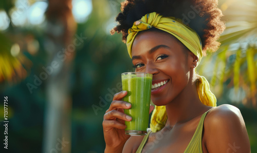 Happy and cheerful African American girl smiling and drinking a green smoothie