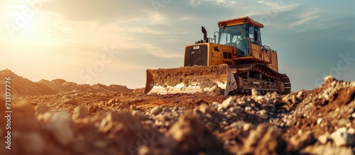 Yellow motorized bulldozer raking rubble piles Road building industry. Copy space image. Place for adding text