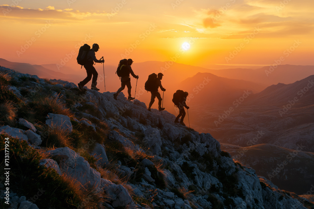 Mountaineers Navigating Rocky Slopes at Dusk