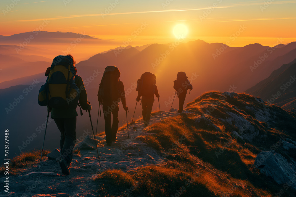 Group Trekking on Mountain Trail at Sunset