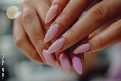 A detailed close-up of a person s hand with perfectly manicured pink nails. This image can be used in beauty and fashion-related projects