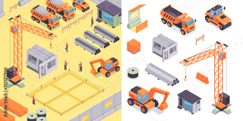 Construction illustration and icons in isometric view