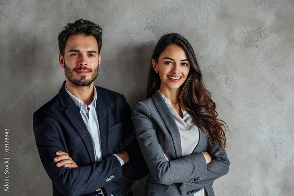 Businessman and woman posing in front of gray background Businessman and woman posing in front of gray background