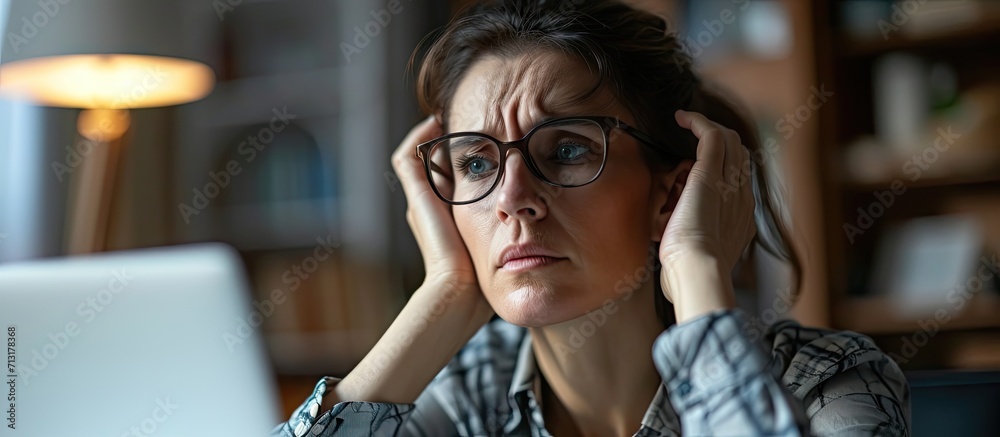 Stressed forgetful old middle aged business woman suffering from headache after computer work Tired upset 50s lady massaging head feeling stress fatigue or migraine using laptop at home office Stressed forgetful old middle aged business woman suffering from headache after computer work Tired upset 50s lady massaging head feeling stress fatigue or migraine using laptop at home office
