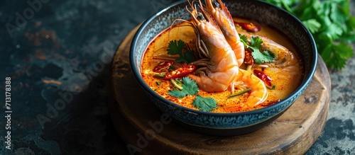 Tom Yam kung Spicy Thai soup with shrimp seafood coconut milk and chili pepper in bowl copy space. Copy space image. Place for adding text photo