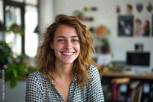 Portrait of young smiling woman looking at camera in the creative office